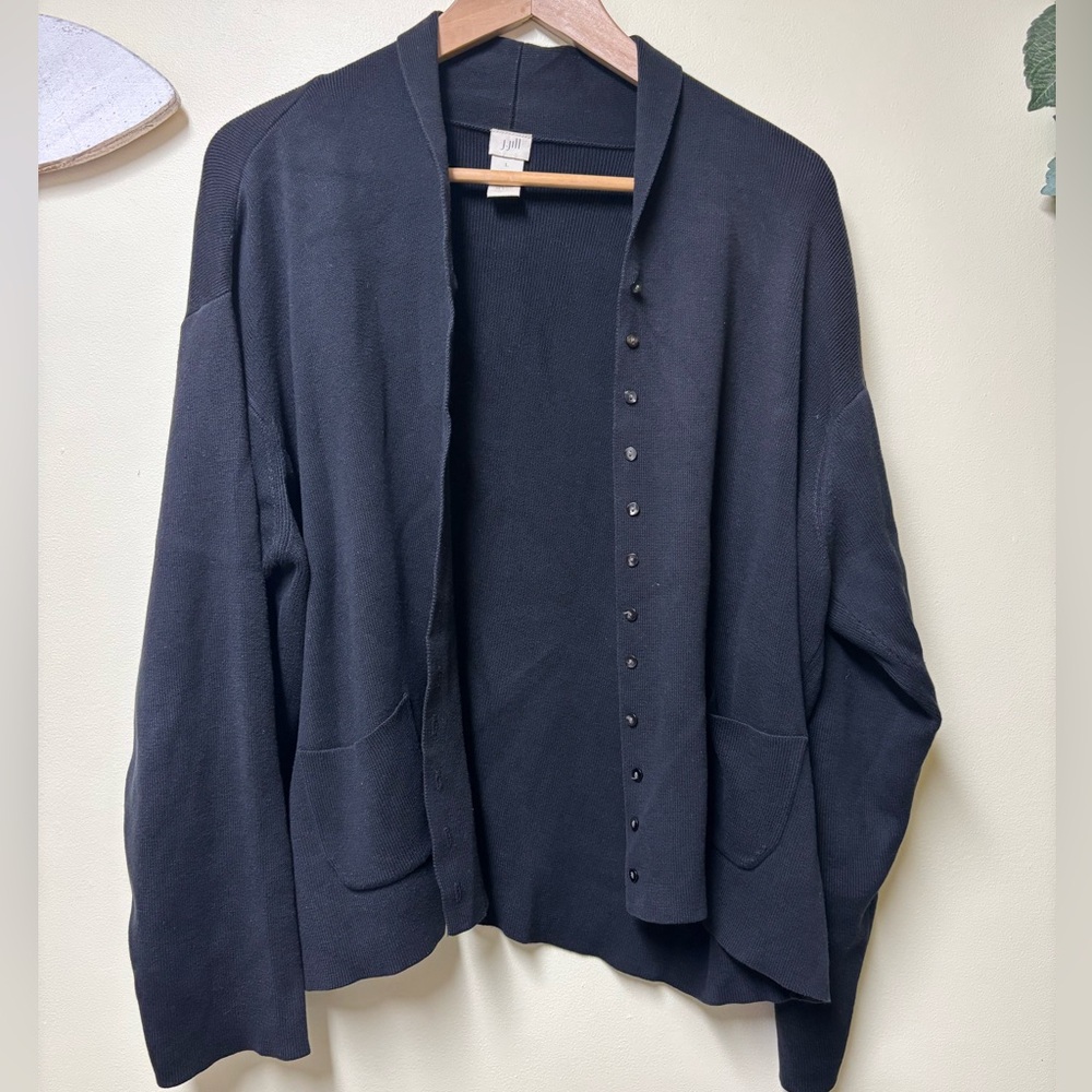 J. Jill 100% Cotton Button Down Black Cardi Sweater - Large